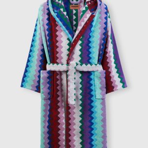 Long Chantal chevron cotton terry hooded bathrobe (Multicoloured)