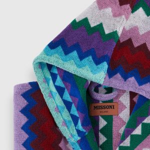 Long Chantal chevron cotton terry hooded bathrobe (Multicoloured)