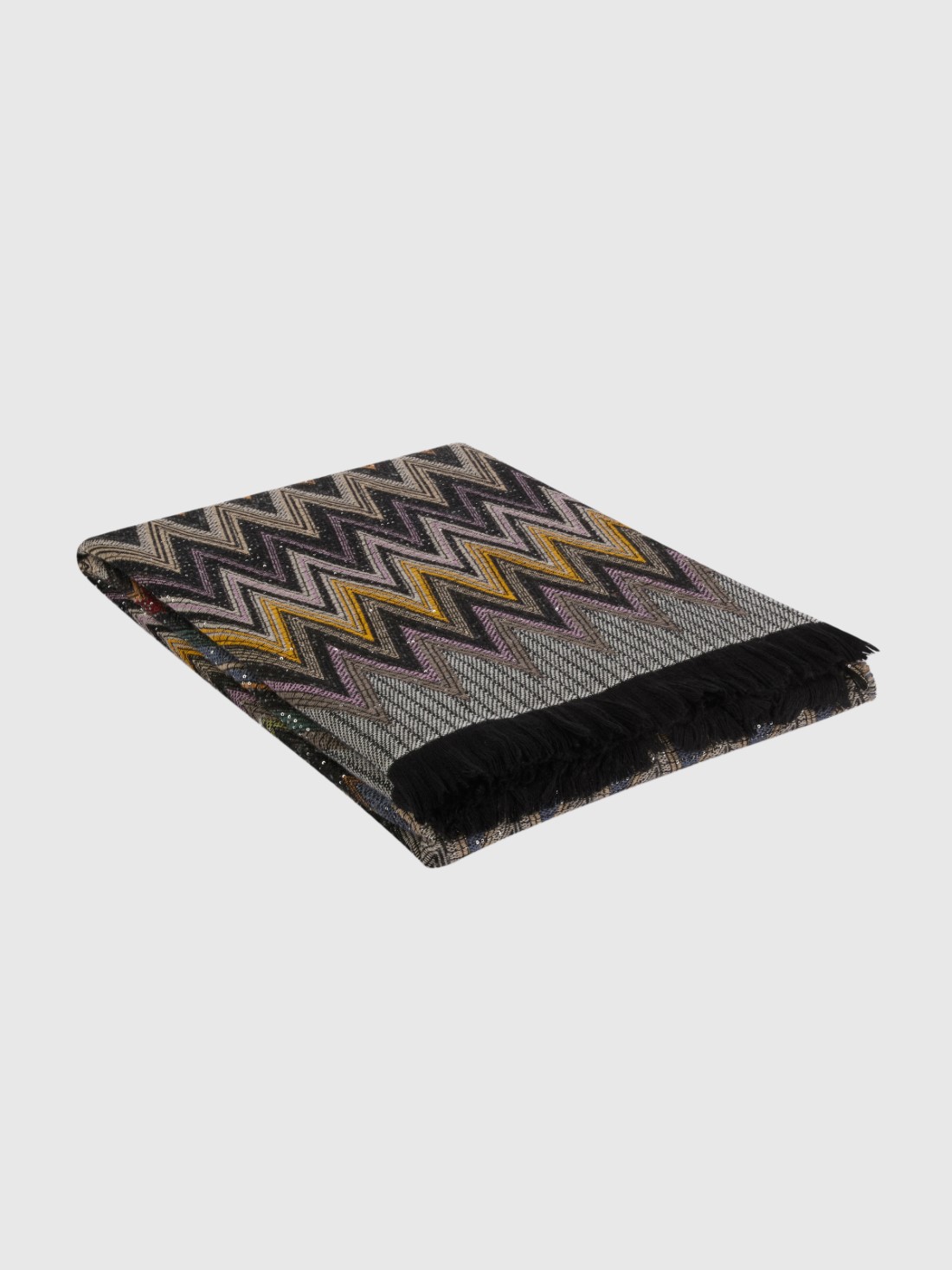 Chen 140x200 cm wool blend zigzag plaid blanket with sequins (Black)