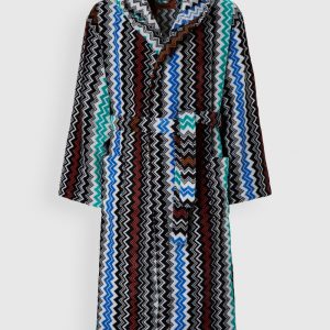 Neoclassic bathrobe in cotton terry with zigzag pattern (Black)